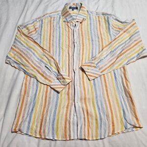 Lorenier Men's XL 100% Linen Long Sleeve Striped Button-up Shirt